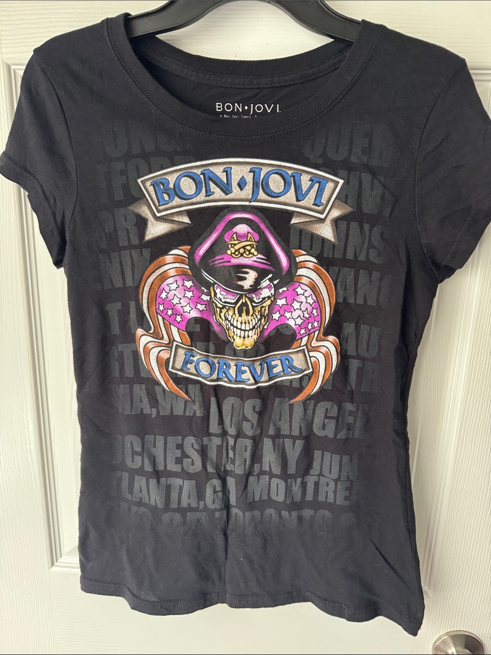 Bon Jovi Forever Graphic Band Tee - Black with Pink & Blue Skull